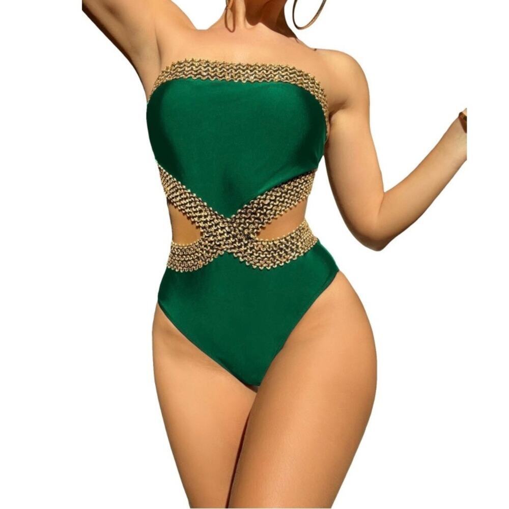 Women One Piece Swimsuit Size S Green Gold Cutout Bandeau NWOT